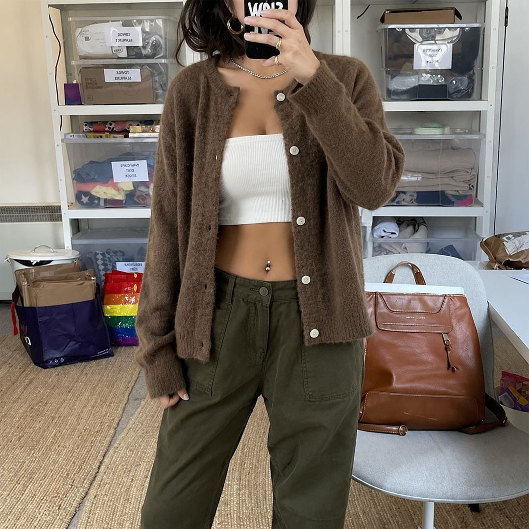 Damen kuscheliger Mohair-Cardigan mit Perlmuttknöpfen und oversized Passform Shop Nory
