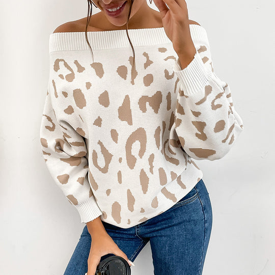 Damen Oversize-Schulterfreier Feinstrickpullover mit Animal-Jacquard und breitem Umschlagkragen Shop Nory