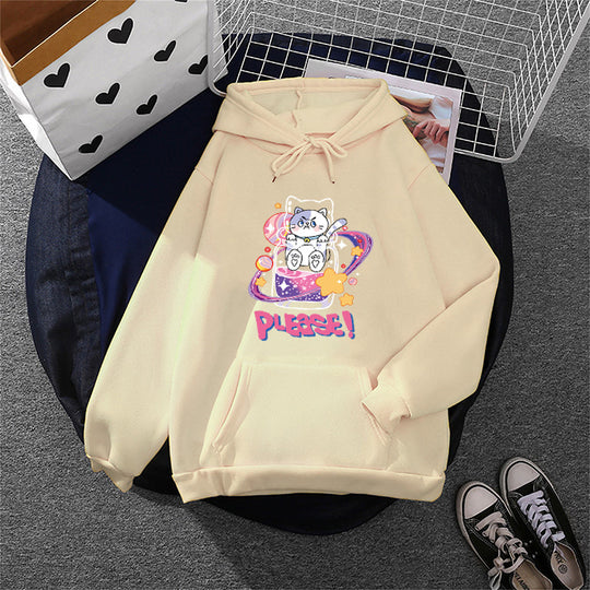 Damen nan oversized Kapuzenpullover im Streetstyle mit weichem Fleece-Innenfutter, Kängurutasche und farbenfrohem Cartoon-Katzen-Planet-Print Shop Nory