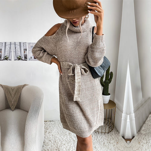 Damen Schulterfreies Rollkragen-Strickkleid mit Taillengürtel Shop Nory