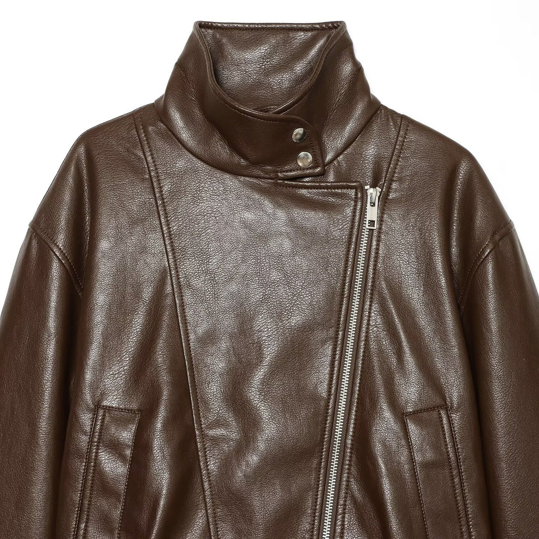Damen taillierte Lederoptik-Bikerjacke mit hohem Funnelkragen Shop Nory