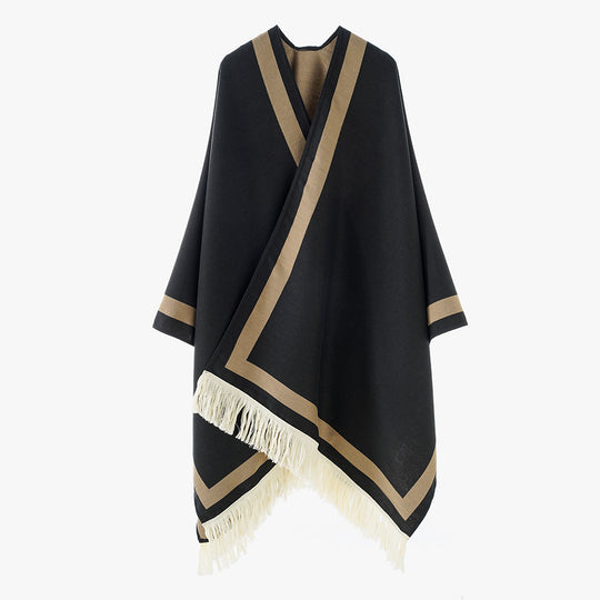 Damen Rechteckiger Capeponcho mit grafischem Randstreifen, Fransen und kastiger Silhouette Shop Nory