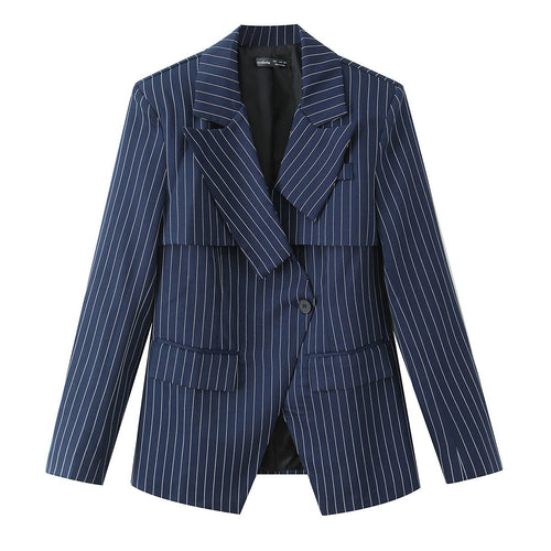 Damen Taillierter Nadelstreifen-Blazer mit asymmetrischem Revers und Pattentaschen Shop Nory