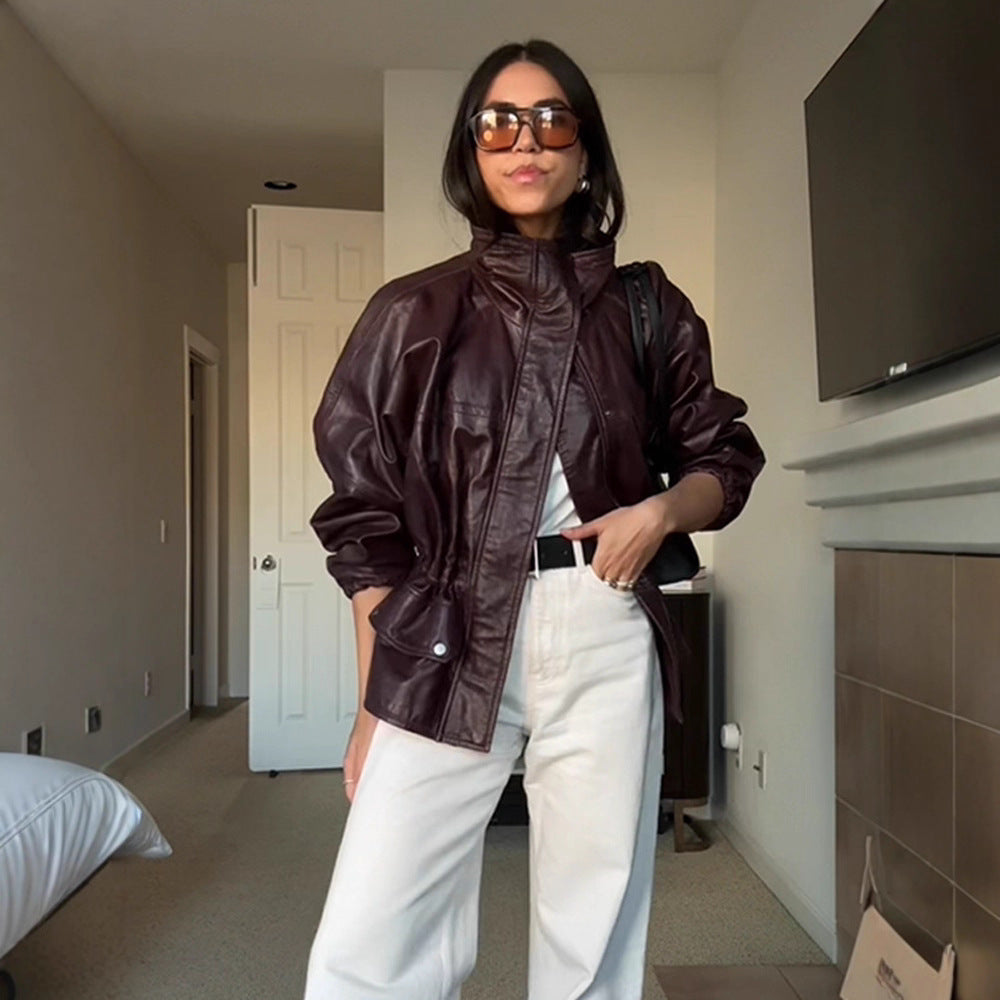 Damen Oversize Lederimitat-Blouson mit hohem Stehkragen und Taillenzug Shop Nory