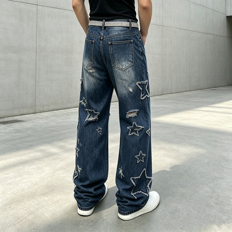 Herren Modische Weit geschnittene Jeans mit Sternen-Dekor Shop Nory
