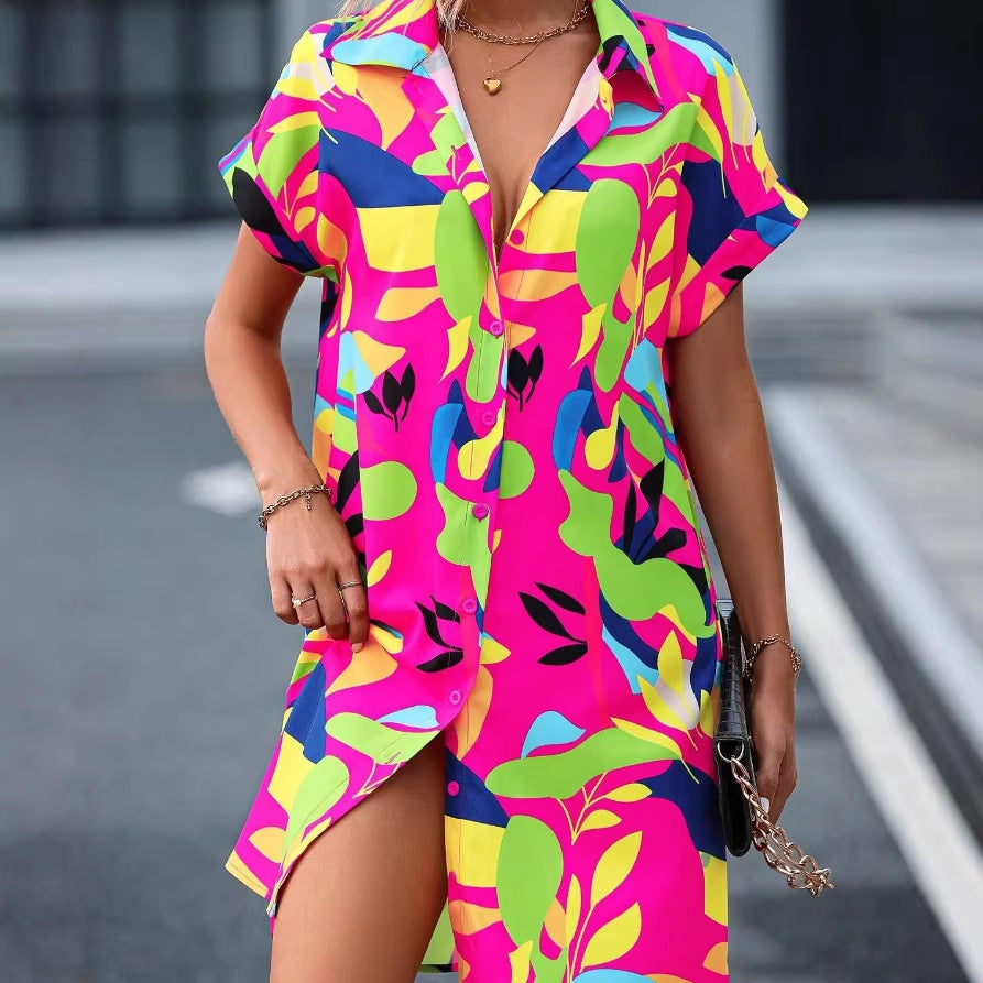 Damen Lockeres Hemdblusenkleid mit Knopfleiste, Reverskragen und floralem Print Shop Nory