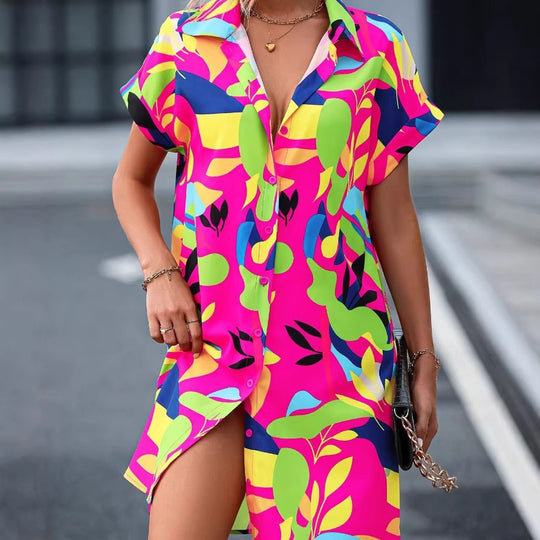 Damen Lockeres Hemdblusenkleid mit Knopfleiste, Reverskragen und floralem Print Shop Nory