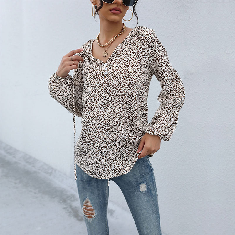 Damen Leopardenprint-Bluse mit V‑Ausschnitt, leichter Viskoseoptik und Ballonärmeln Shop Nory