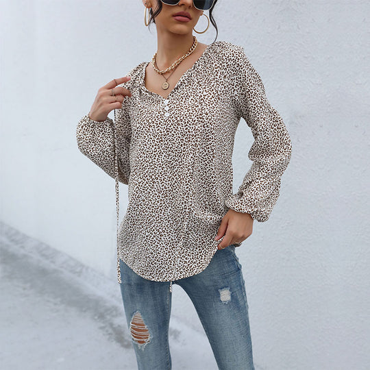 Damen Leopardenprint-Bluse mit V‑Ausschnitt, leichter Viskoseoptik und Ballonärmeln Shop Nory