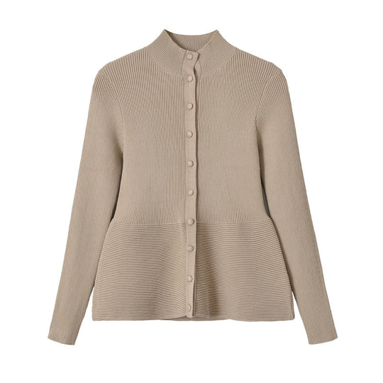 Damen Strukturierter Rippstrick-Cardigan mit Stehkragen und Taillennaht Shop Nory