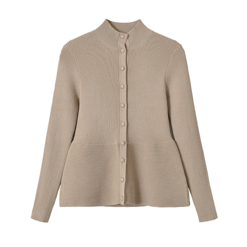 Damen Strukturierter Rippstrick-Cardigan mit Stehkragen und Taillennaht Shop Nory