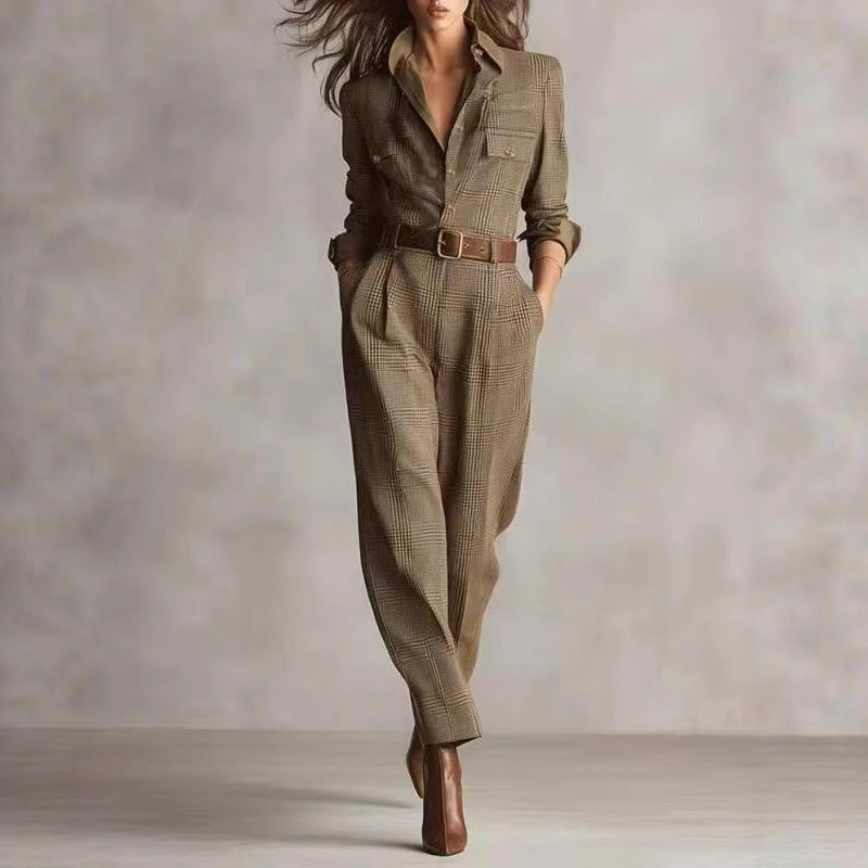 Damen kariertes tailliertes Overall mit Hemdkragen, Taillengürtel und Seitentaschen Shop Nory