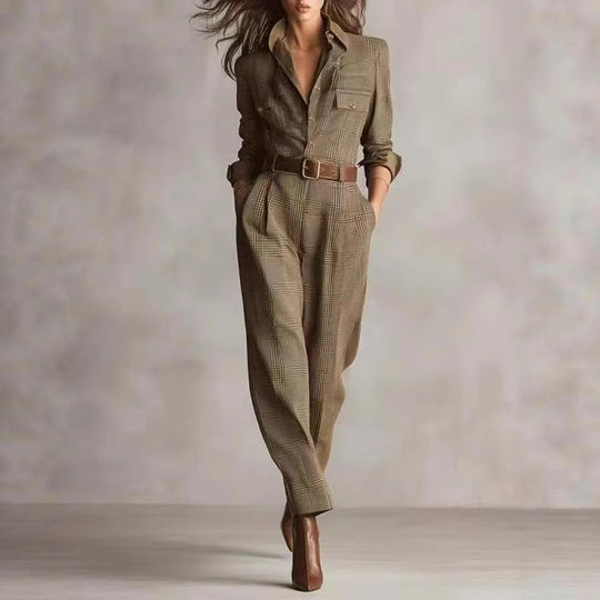Damen kariertes tailliertes Overall mit Hemdkragen, Taillengürtel und Seitentaschen Shop Nory
