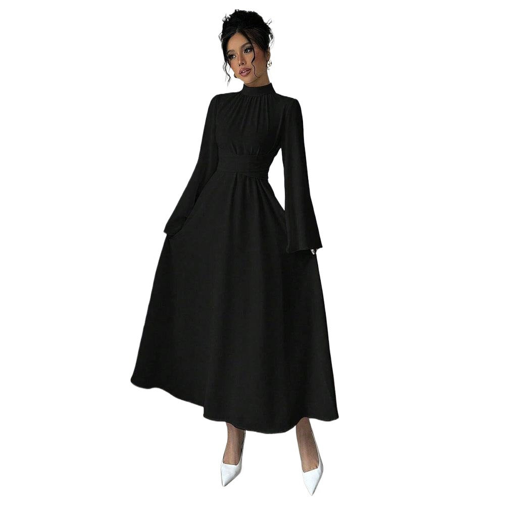 Damen elegantes Maxikleid mit Stehkragen, geraffter Taillenpartie und ausgestelltem A‑Linien‑Rock Shop Nory