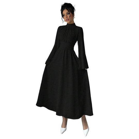 Damen elegantes Maxikleid mit Stehkragen, geraffter Taillenpartie und ausgestelltem A‑Linien‑Rock Shop Nory
