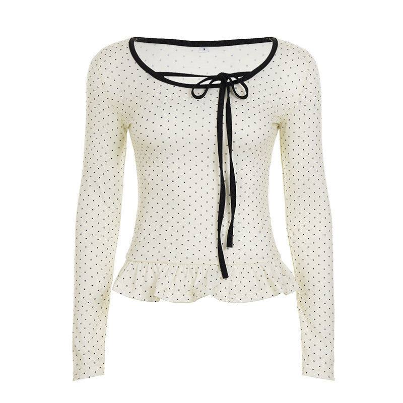 Damen nan tailliertes Longsleeve mit Rüschensaum, Tunnelzug und feinem Punktmuster Shop Nory