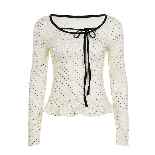 Damen nan tailliertes Longsleeve mit Rüschensaum, Tunnelzug und feinem Punktmuster Shop Nory