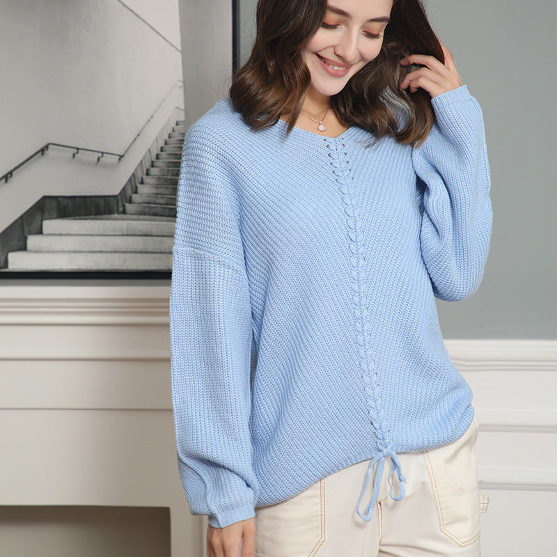 Damen Strickpullover mit Zopfmittelnaht, V‑Ausschnitt und Kordelzug Shop Nory