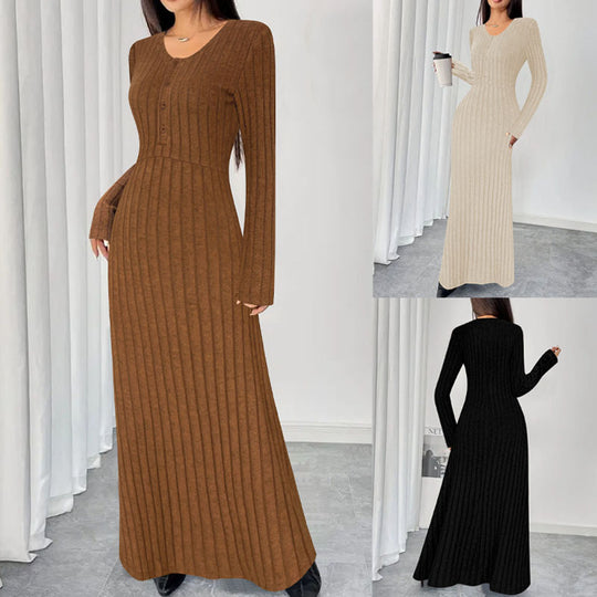 Damen Geripptes Maxi-Strickkleid mit Taillennaht und Knopfleiste Shop Nory