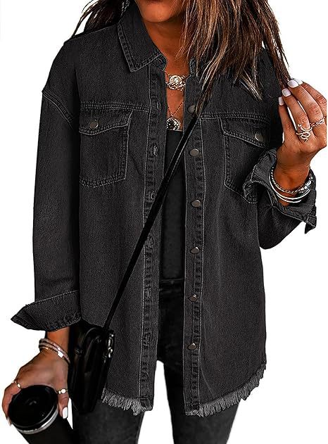 Damen Oversize Jeanshemdjacke mit Fransensaum Shop Nory