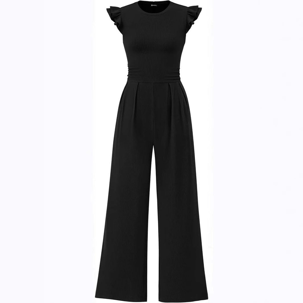 Damen eleganter Jumpsuit mit Puffärmeln und weitem Bein