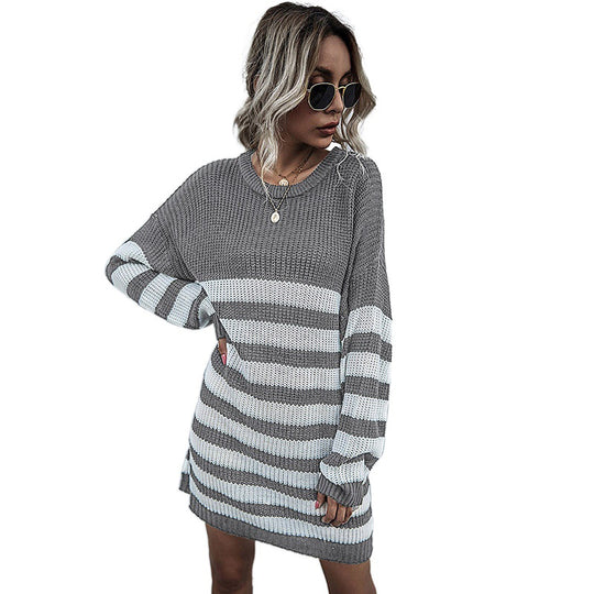 Damen Modisches Strickkleid mit gestreiftem Design Shop Nory