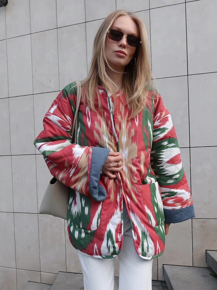 Damen Stepp-Kimonojacke mit Ikat-Print, Oversize‑Schnitt und kontrastierenden Bündchen Shop Nory