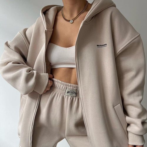 Damen Oversize Kapuzen-Sweatjacke mit Reißverschluss und High-Waist Jogginghose Set Shop Nory