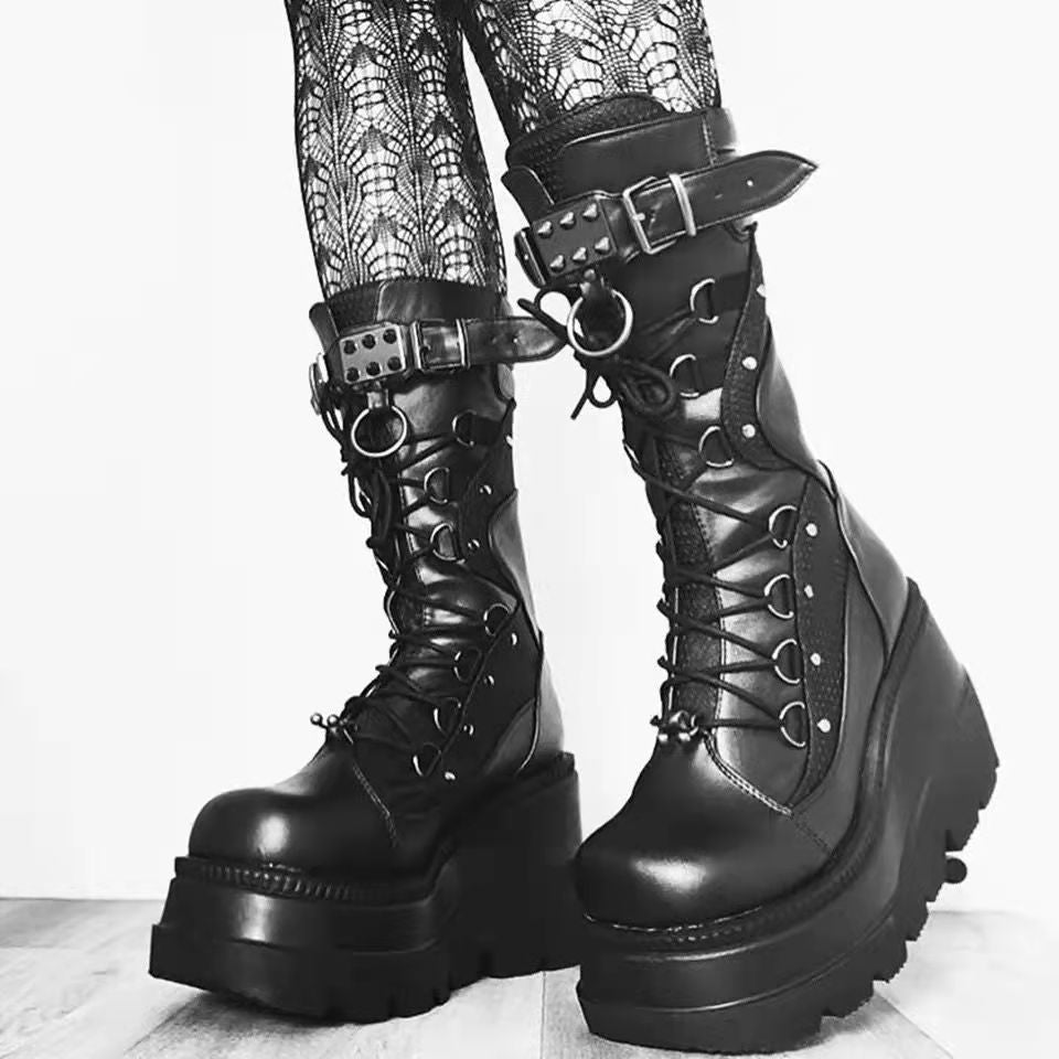 Damen Plateau-Schnürstiefel mit klobiger Lug-Sohle, Netzbesatz und verstellbaren Schnallen Shop Nory