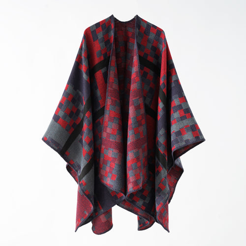 Damen Kastiger Webponcho mit grafischem Jacquard und Kettelkante Shop Nory