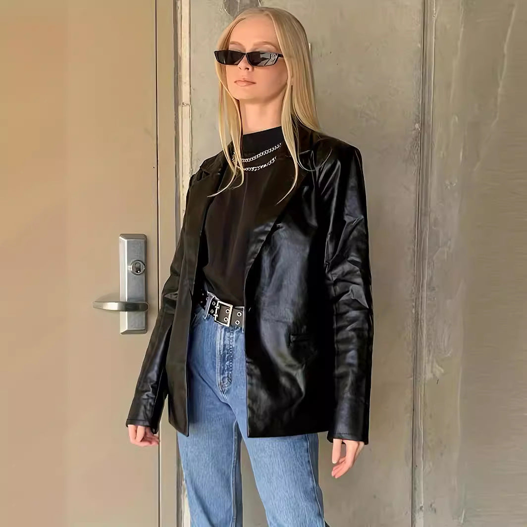 Damen Oversize-Blazer in Lederoptik mit strukturierten Schultern Shop Nory