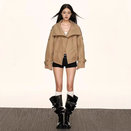 Damen Oversized Doppelreihige Trench-Bomberjacke mit hohem Stehkragen Shop Nory