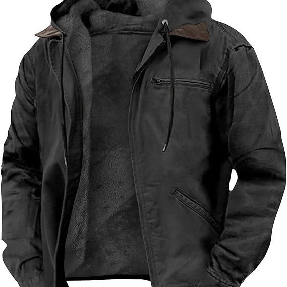 Herren Gefütterte Kapuzen-Lederjacke mit Teddyfutter und Brustreißverschlusstasche Shop Nory