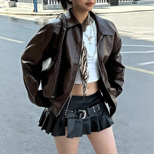 Damen Kurze Oversize Kunstlederjacke mit Reverskragen und Ballonärmeln Shop Nory