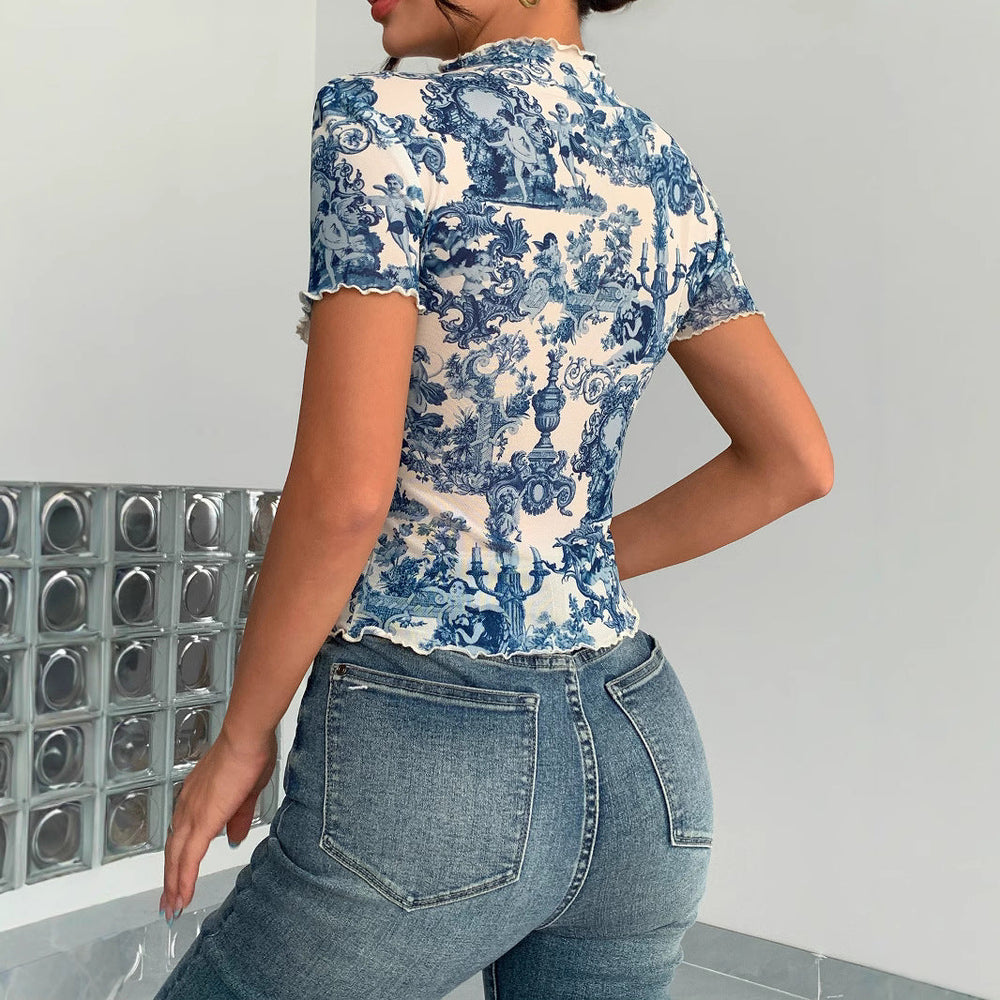 Damen Kurzes T-Shirt mit kreativem Druck und elegantem Stehkragen
