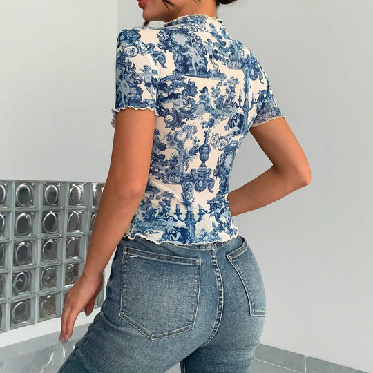 Damen Kurzes T-Shirt mit kreativem Druck und elegantem Stehkragen