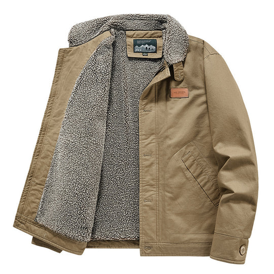Herren kernige Canvas‑Workerjacke mit voluminösem Sherpa‑Innenfutter und hochschließendem Kragen Shop Nory