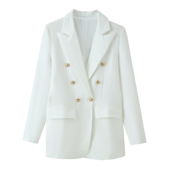 Damen doppelreihiger Longline-Blazer mit Reverskragen und Zierknöpfen Shop Nory