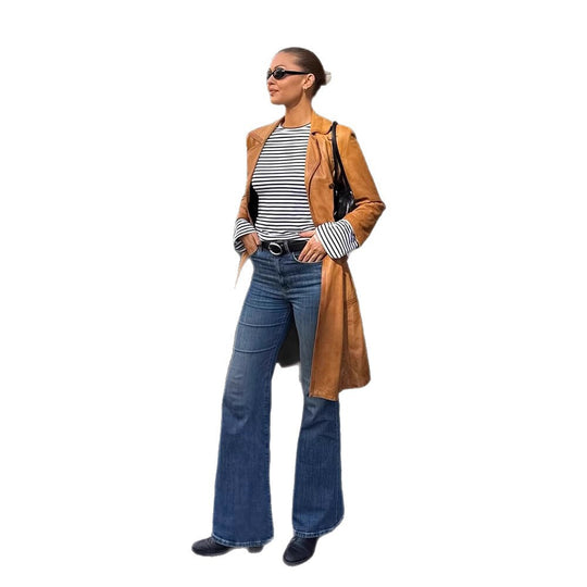 Damen Langer taillierter Leder‑Trenchcoat mit doppelreihiger Knopfleiste und Reverskragen Shop Nory