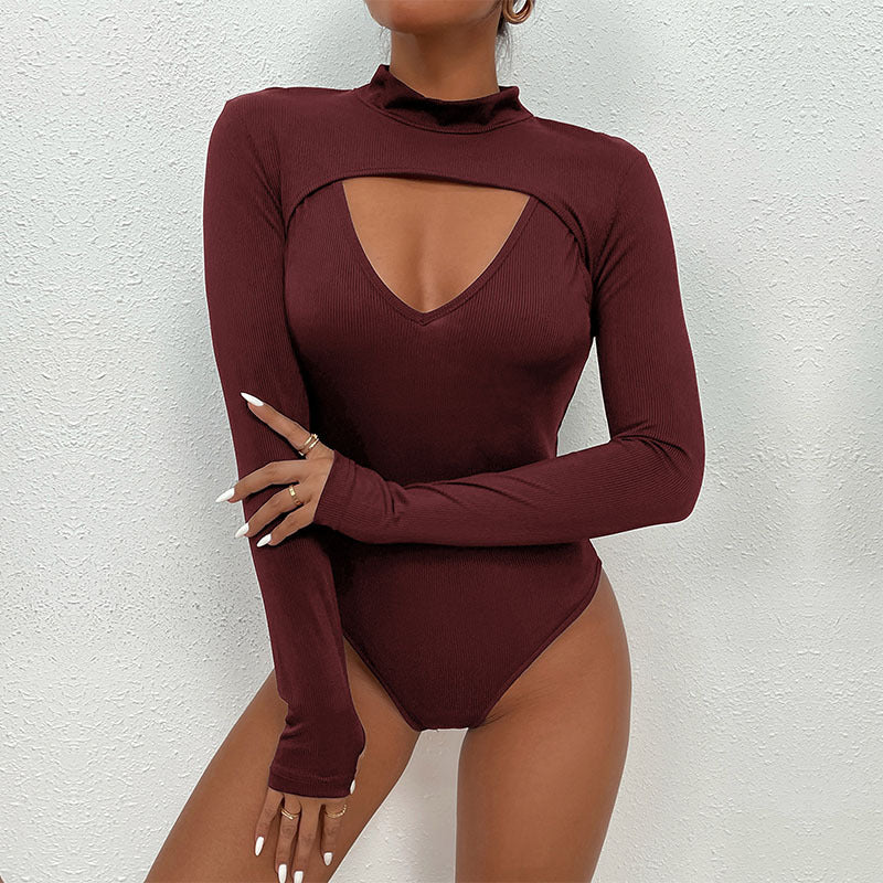 Damen Figurbetontes Ripp-Body mit Cut-Out, Stehkragen und langen Ärmeln Shop Nory