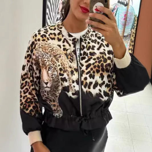 Damen entspannte Bomberjacke mit extravagantem Leoparden-Motiv