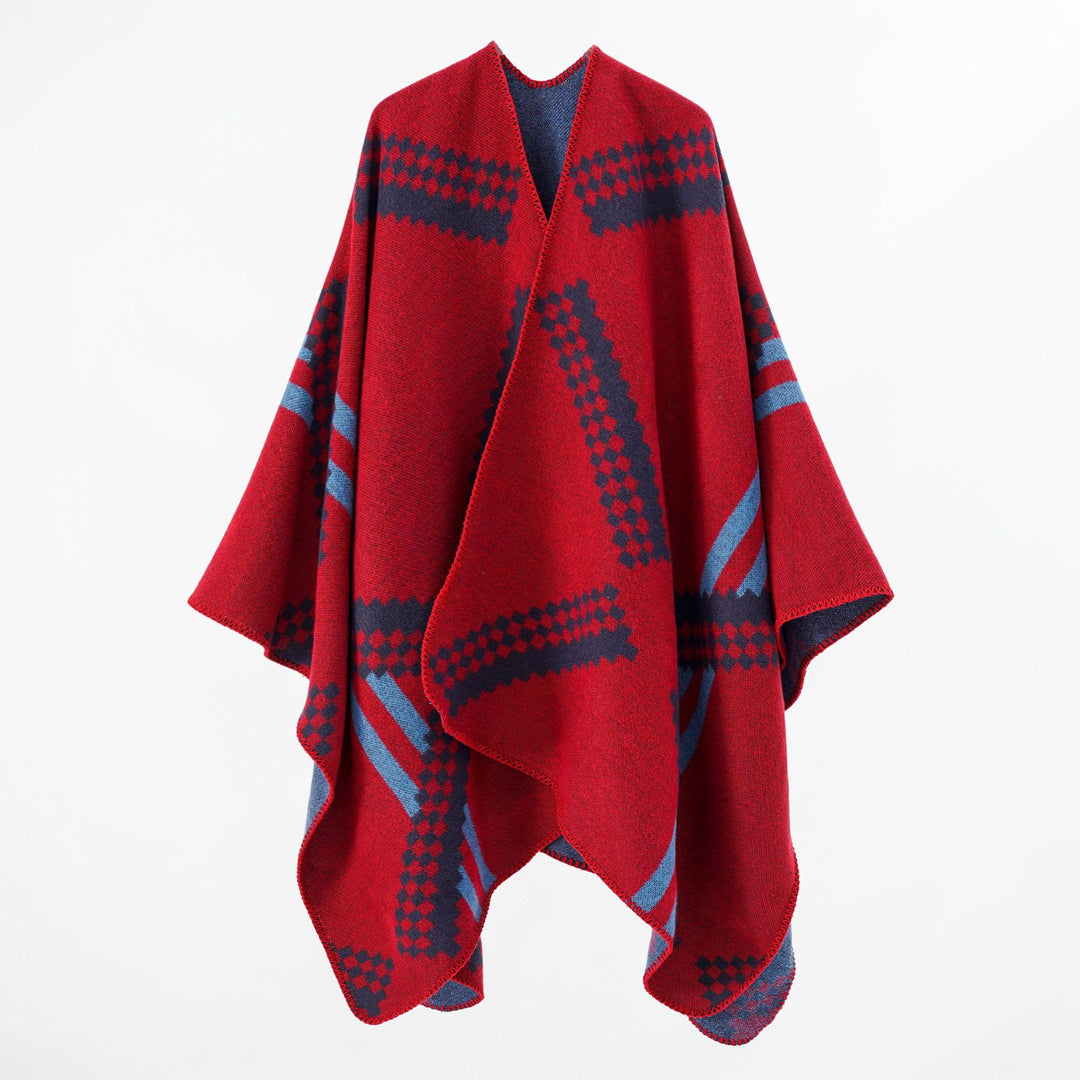 Damen Oversize-Umhangponcho aus Wollmix mit geometrischem Jacquard und Ziernaht Shop Nory