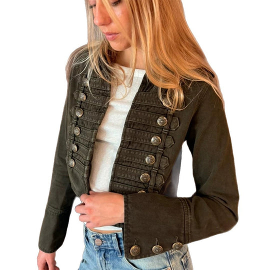 Damen Militärisch inspirierte taillierte Kurzjacke mit Zierfalten und Metallknöpfen Shop Nory
