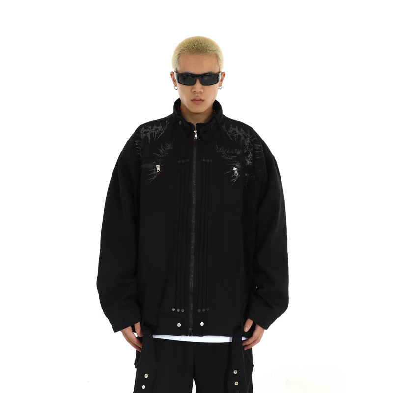 Herren Oversized Utility-Jacke mit Stickerei, Stehkragen, Reißverschluss und langen Gurtbändern Shop Nory