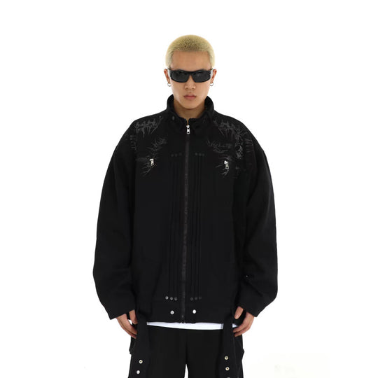 Herren Oversized Utility-Jacke mit Stickerei, Stehkragen, Reißverschluss und langen Gurtbändern Shop Nory