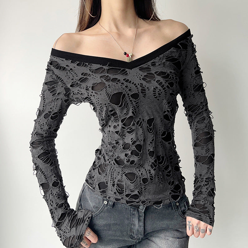 Damen nan transparentes Distressed-Spitzenshirt mit V-Ausschnitt, langärmeligem Layer-Look und innenliegendem Cami Shop Nory