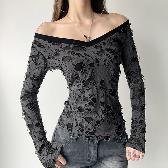 Damen nan transparentes Distressed-Spitzenshirt mit V-Ausschnitt, langärmeligem Layer-Look und innenliegendem Cami Shop Nory