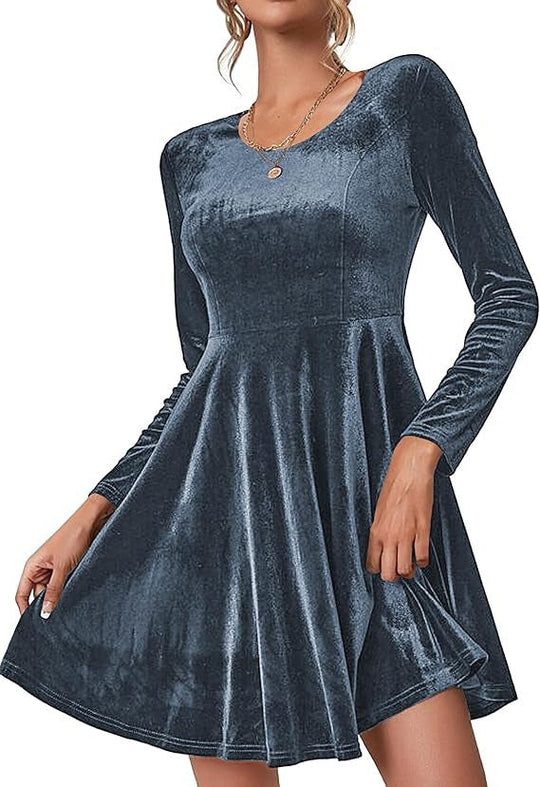 Damen Elegantes Samtkleid mit geschwungenem Saum und langen Ärmeln