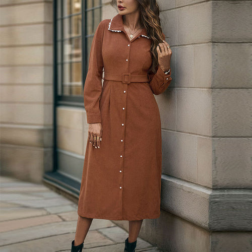 Damen Midi‑Hemdblusenkleid aus Veloursoptik mit Taillengürtel und Frontschlitz Shop Nory