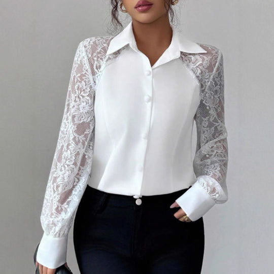 Damen Elegante Bluse mit Spitzeneinsätzen und Hemdkragen Shop Nory